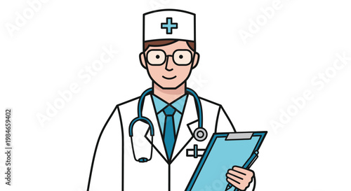 Illustration of a smiling male doctor in a white coat with a stethoscope around his neck