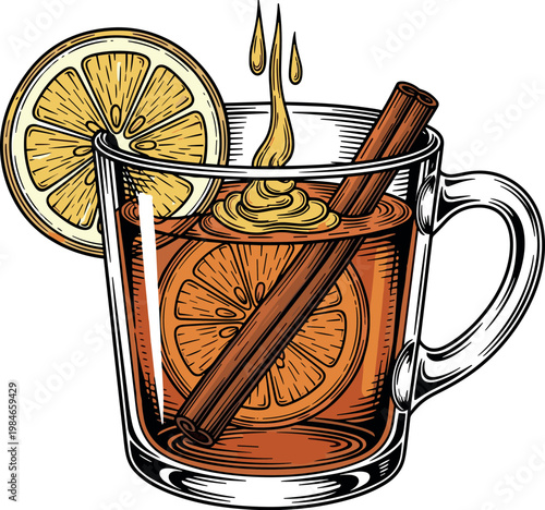 A warm glass of spiced cider with cinnamon and lemon on transparent background
