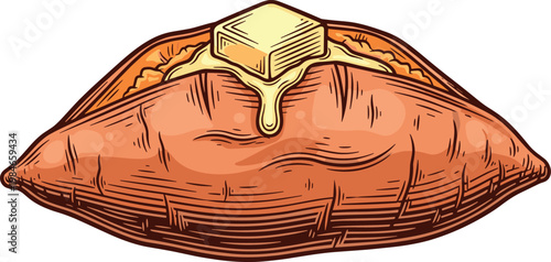 A sweet potato with butter melting on top on transparent background