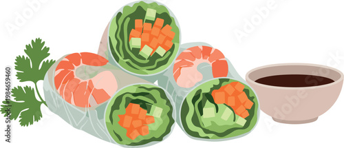A plate of fresh spring rolls with shrimp and vegetables on transparent background