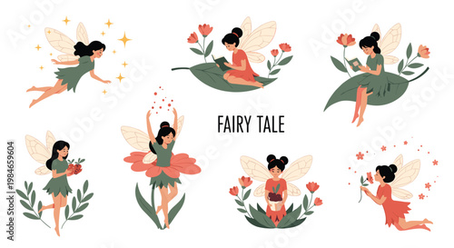 Whimsical collection of various fairy tale characters including magical fairies sitting on forest leaves and flowers.