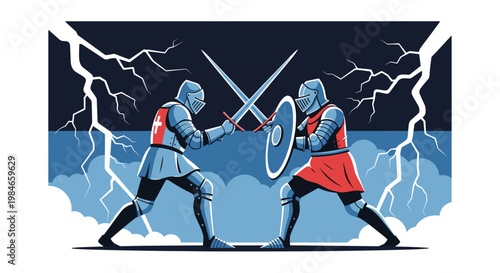 Medieval knights in full armor clashing with swords during a dramatic thunderstorm with bright lightning strikes.
