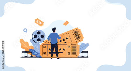 Entertainment concept with a person standing in front of large cinema tickets and a film reel on a light background.