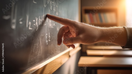 Hand Pointing at Completed Tasks on Chalkboard in Classroom Setting