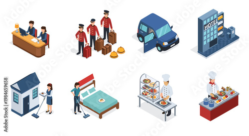 Comprehensive set of isometric hotel icons featuring professional staff members and various hospitality services.