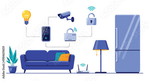 Living room scene illustrating smart home technology with connected appliances like a fridge camera and light bulb.