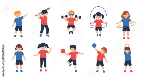 Set of diverse children characters engaged in different physical sports and fitness exercises for healthy lifestyle.