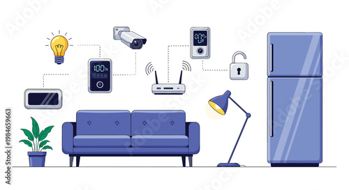 Integrated smart home technology system in a modern living room showing various connected devices for comfort and safety.
