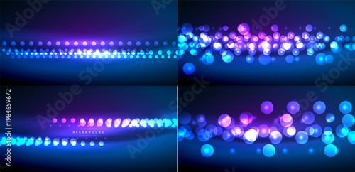 Abstract backgrounds feature vibrant blue, purple lights. Circles create dynamic patterns, suggesting energy, motion, depth. Modern design elements present.