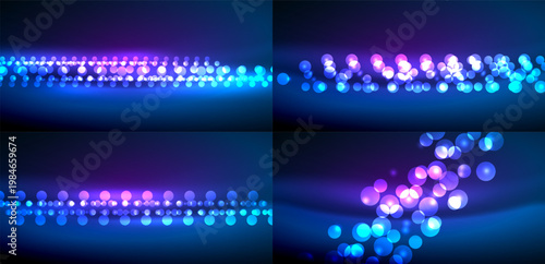 Bright circles, blue purple hues, gradient background. Four panels show evolving light patterns, dynamic energy flow.