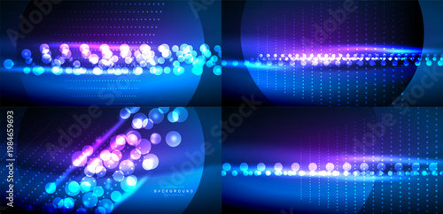 Abstract backgrounds feature vibrant blue, purple lights. Circles, dots create dynamic visual effects. Modern design elements suggest technology, energy.
