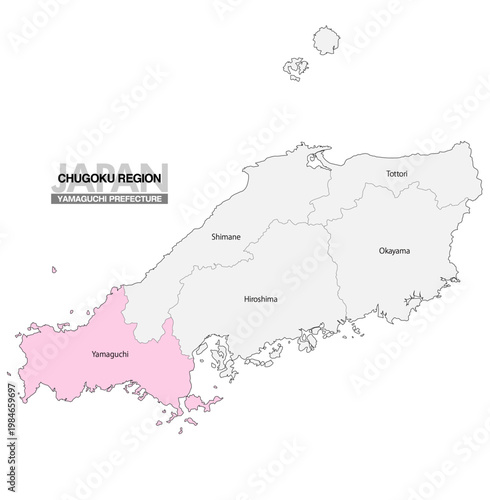 [日本地図] 中国地方の山口県の県名入り位置地図 (英語)