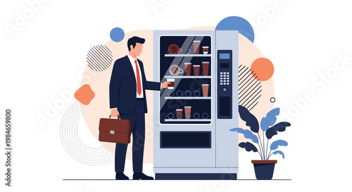 Businessman in a suit buying a hot drink from a modern vending machine in a professional office or lobby area.