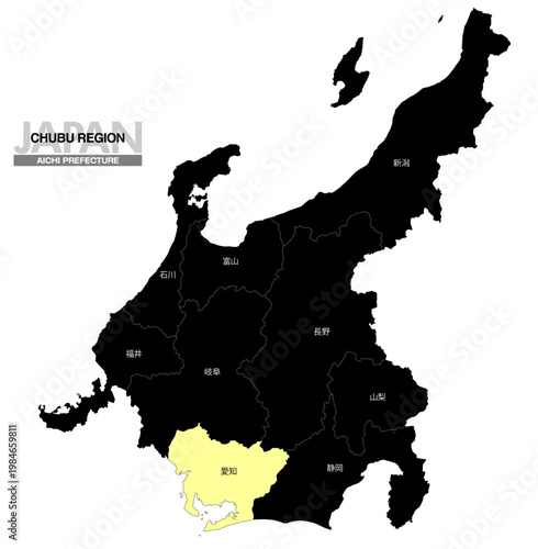 [日本地図] 中部地方の愛知県の県名入り位置地図