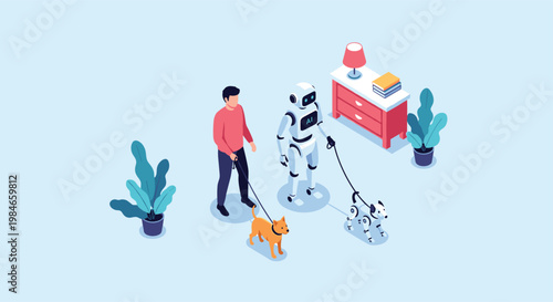 Future technology concept with a man walking a real dog next to a robot walking a sophisticated robotic pet.
