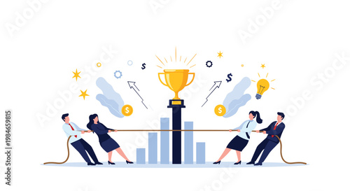 Corporate competition showing business people playing tug of war for a golden trophy cup to symbolize success.
