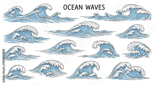 Detailed collection of ocean wave sketches drawn in a vintage engraving style for nautical and maritime design.