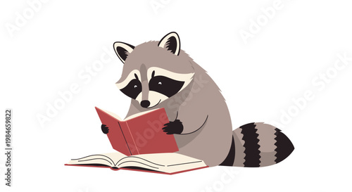 Charming illustration of a smart raccoon sitting on the ground and reading an open book with deep concentration.