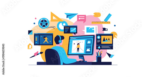 Graphic designer working at a desktop computer surrounded by various floating icons representing digital media editing and creative design process.