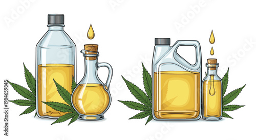 Various glass and plastic bottles filled with golden cannabis oil or hemp extract surrounded by fresh green marijuana leaves on a white background.