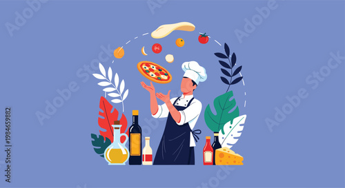 Professional chef tossing pizza dough in the air surrounded by various fresh ingredients and bottles of oil and sauce on a blue background.