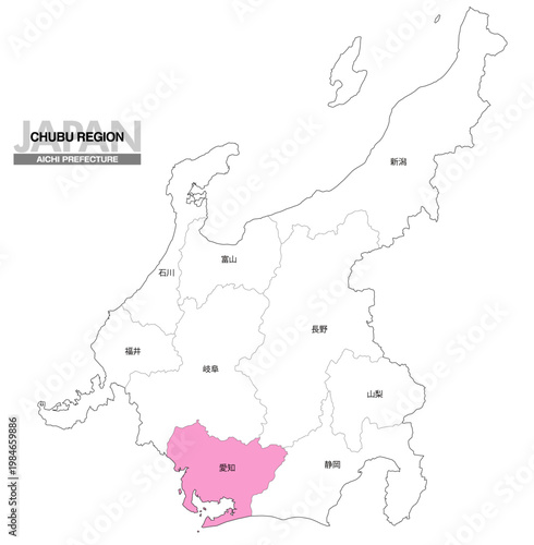 [日本地図] 中部地方の愛知県の県名入り位置地図
