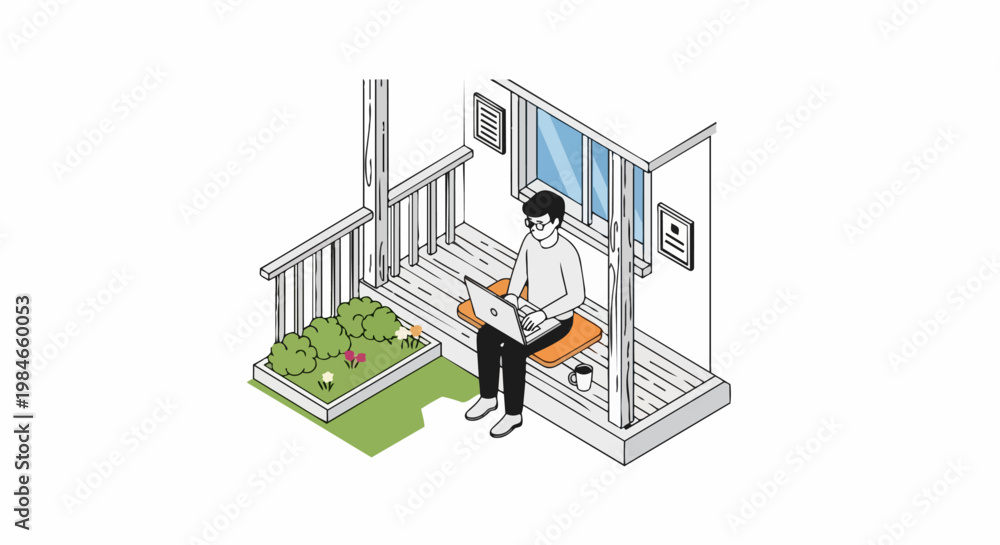 Obraz premium Isometric Illustration of a Freelancer Working on a Laptop on an Outdoor Balcony - Remote Work and Digital Nomad Lifestyle Concept