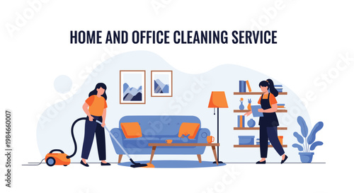 Team of professional cleaners tidying a modern living room by vacuuming the floor and cleaning shelves in a home service concept.