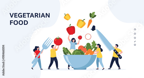 Small people characters working together to prepare a giant healthy vegetarian salad in a blue bowl with fresh vegetables and kitchen tools.