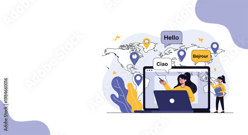 Online language learning platform concept with people communicating across a world map using video calls and chat bubble translations.