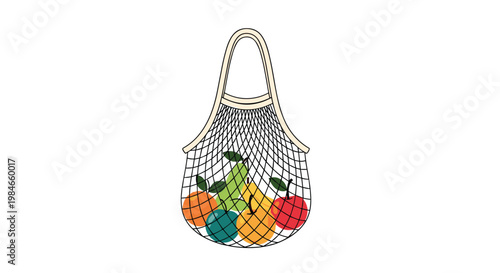 Eco friendly reusable string mesh bag filled with various fresh fruits like apples, oranges, and pears for sustainable shopping.