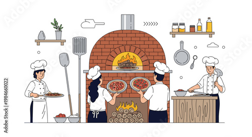 Busy pizzeria kitchen with chefs preparing pizzas in a large traditional brick wood-fired oven and working at various workstations.