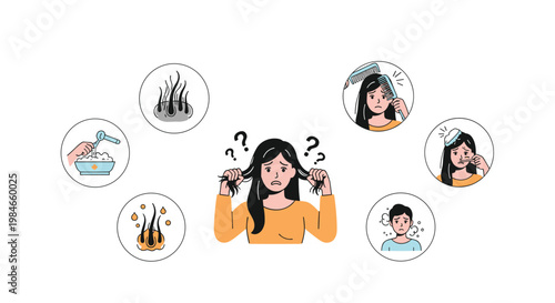 Young woman experiencing hair loss and scalp problems shown through various stages of concern and possible causes and treatments icons.
