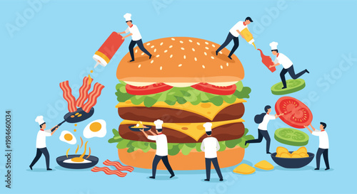 Team of tiny chefs working together to assemble a massive multi layered hamburger with bacon, cheese, eggs, and vegetables.