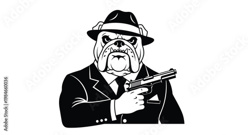 Tough bulldog character dressed as a classic mafia gangster wearing a black suit and fedora hat while pointing a handgun.