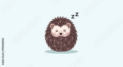 Cute little hedgehog sleeping soundly while curled into a soft brown ball with small zzz icons against a light blue background.