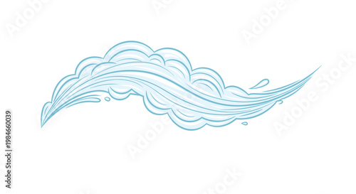Stylized illustration of a flowing blue water wave or wind gust with swirl details and droplets on a white background.