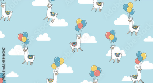 Whimsical seamless pattern featuring cute white llamas floating in the sky with colorful balloons and soft clouds.