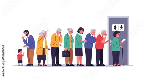 Group of elderly people and a child waiting in a long queue for a public restroom with signs of urgency and impatience.
