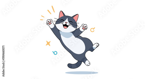 Joyful cartoon cat jumping with excitement and paws up against a clean white background with decorative elements.