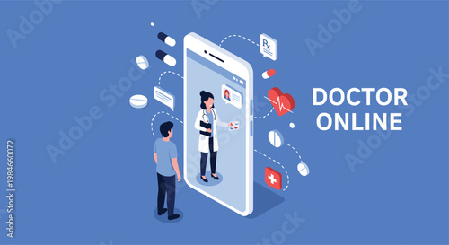 Healthcare concept with a doctor on a smartphone screen providing online consultation to a patient in isometric style.
