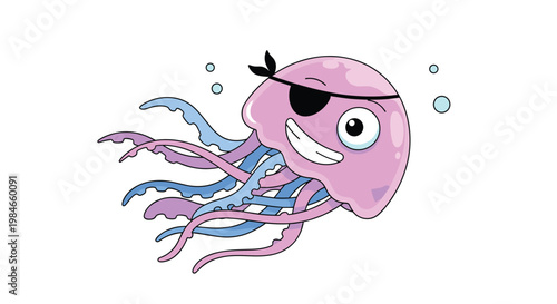 Cute pink pirate jellyfish with an eyepatch swimming underwater with bubbles and trailing colorful purple tentacles.