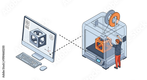 Modern 3D printing technology concept with a computer showing a 3D model and a printer creating a physical object.