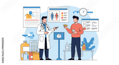Medical consultation scene with a doctor explaining results to a male patient with various medical charts and data.