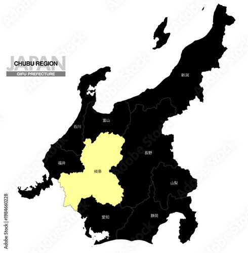 [日本地図] 中部地方の岐阜県の県名入り位置地図