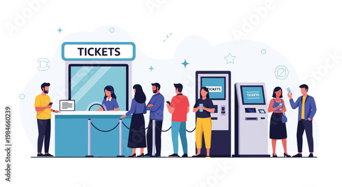 Group of people waiting in line at a movie theater or transport ticket office with a cashier and digital kiosks.