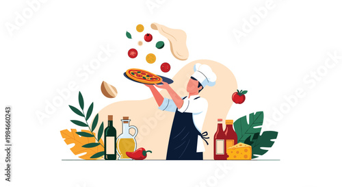 Professional chef in uniform tossing a pizza dough while surrounded by fresh ingredients like tomatoes and cheese.