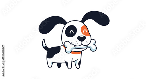 Joyful cartoon dog with floppy ears and a spotted coat happily holding a large white bone in its mouth on white.