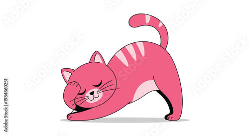 Cute pink striped cat performing a yoga stretch pose with closed eyes against a clean white background for pet decor.