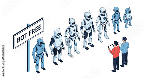 Group of futuristic robots standing in a queue for technical inspection and control by human engineers on white.